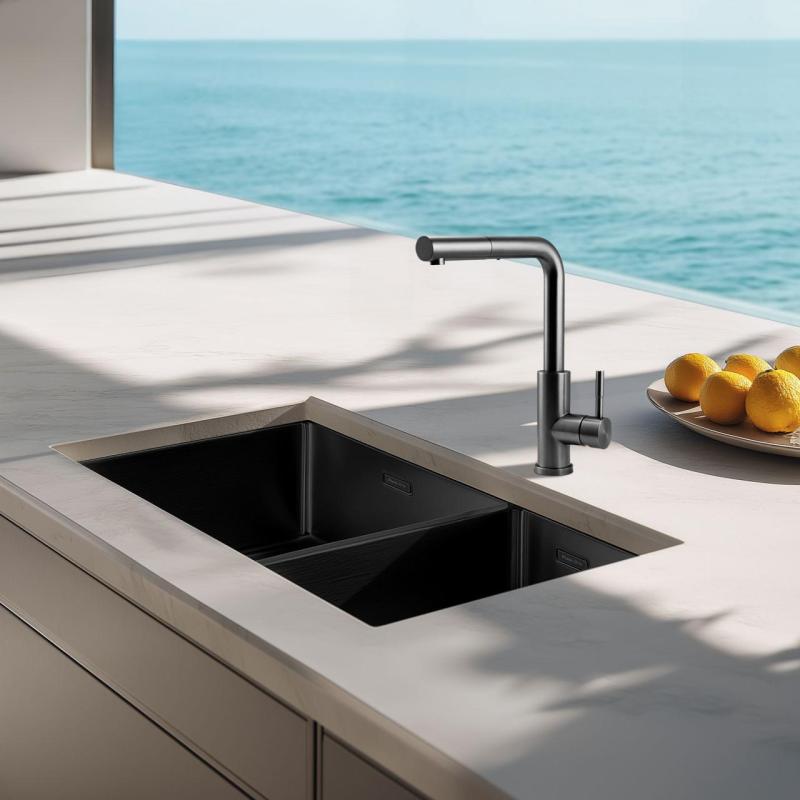 Pure.Sink Exclusivo Gun Metal 1,5 puolikas allas 34+18 cm 10mm säde PEX341840-61