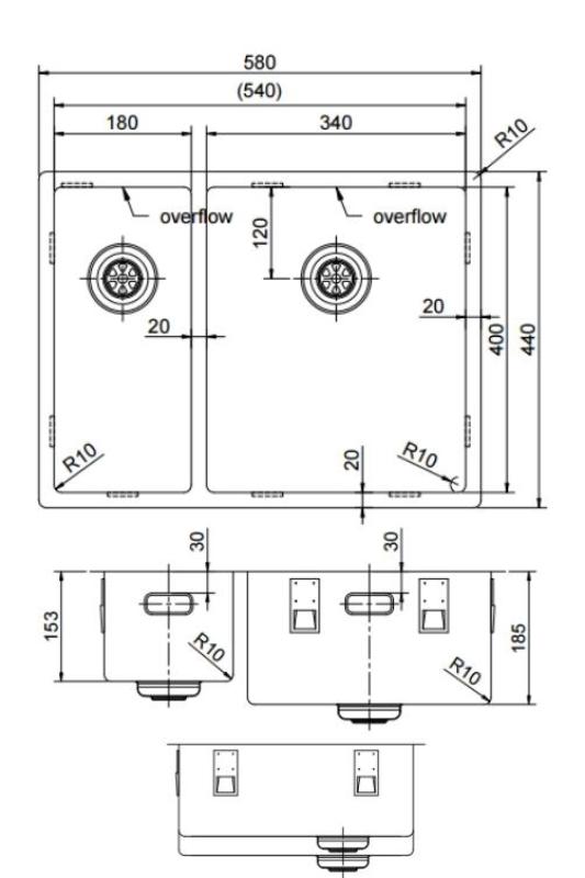 Pure.Sink Exclusivo Gun Metal 1,5 puolikas tiskiallas 18+34 cm 10mm säde PEX183440-61