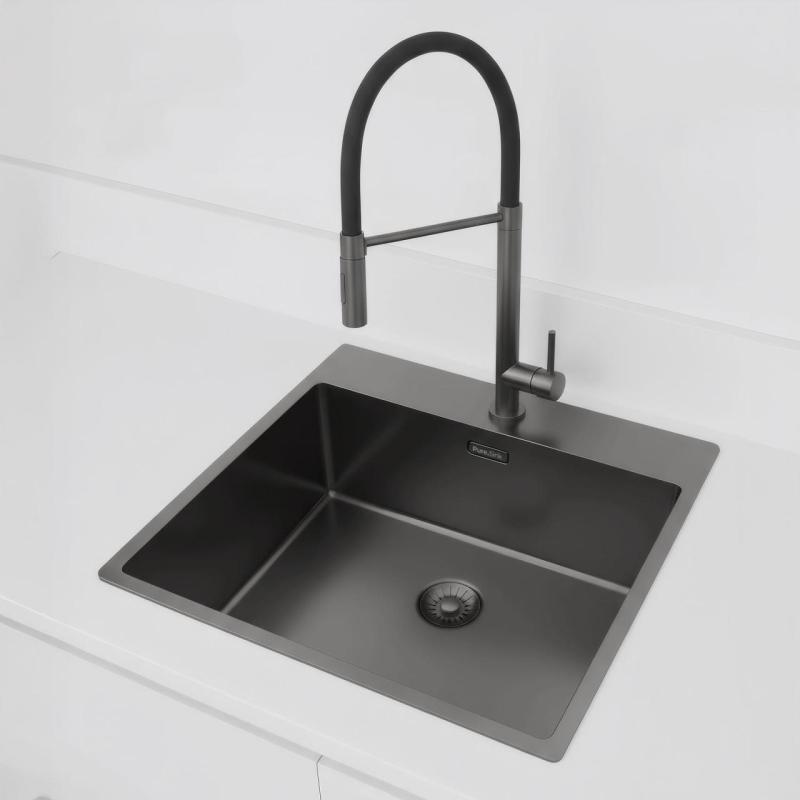 Pure.Sink Exclusivo Gun Metal -allas 54x52 cm Tapwing hanareiän kanssa 10mm säde PEX5040T-61