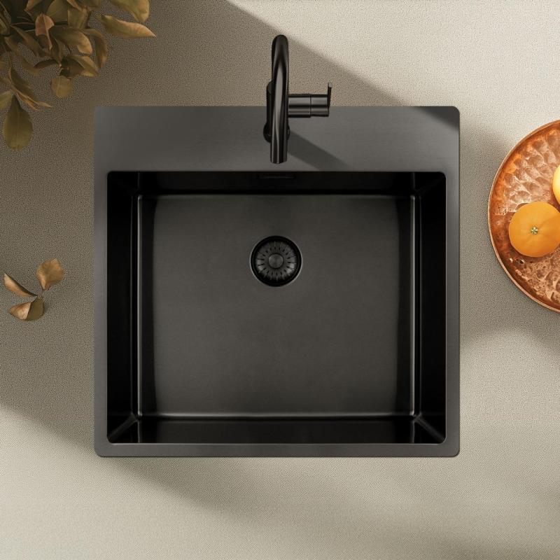 Pure.Sink Exclusivo Gun Metal -allas 54x52 cm Tapwing hanareiän kanssa 10mm säde PEX5040T-61