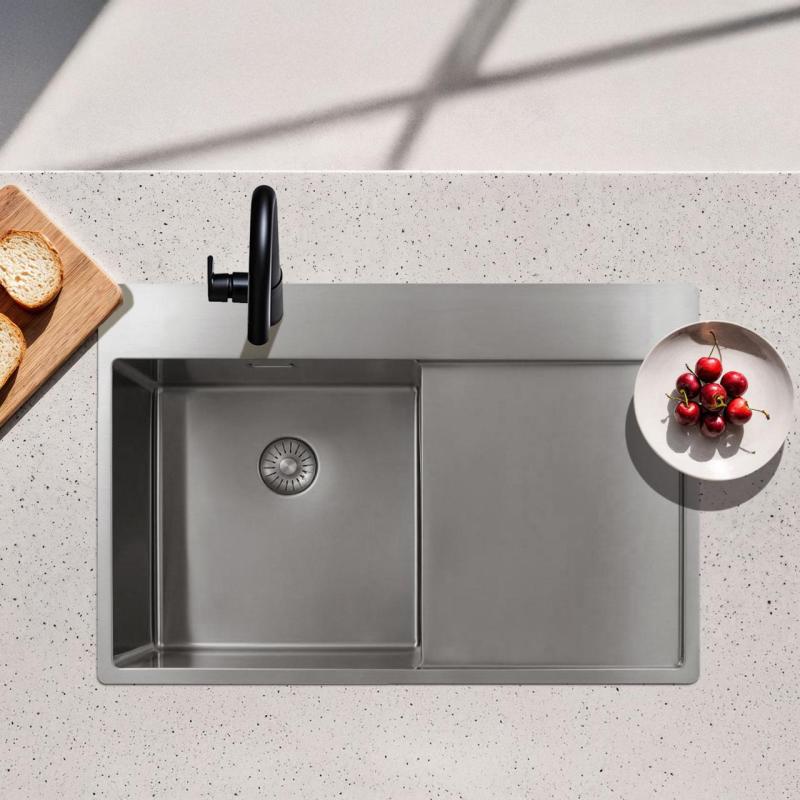 Pure.Sink Exclusivo RVS -pesuallas, jossa on tippuva osa, 78x52 cm, Tapwing vasemmalla PEX4078LT-02