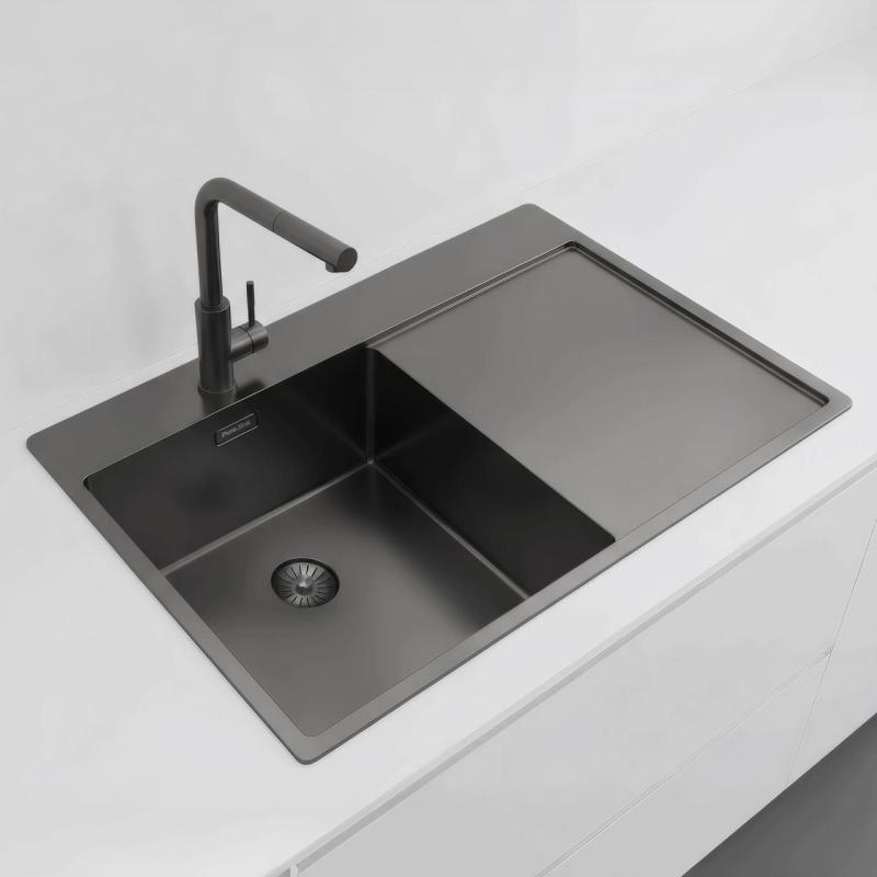 Pure.Sink Exclusivo Gun Metal -tiskiallas, jossa on tippuva osa, 78x52 cm, Tapwing vasemmalla, PEX4078LT-61