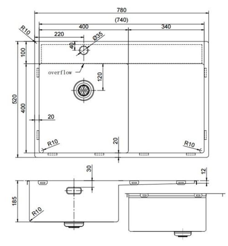 Pure.Sink Exclusivo Gun Metal -tiskiallas, jossa on tippuva osa, 78x52 cm, Tapwing vasemmalla, PEX4078LT-61
