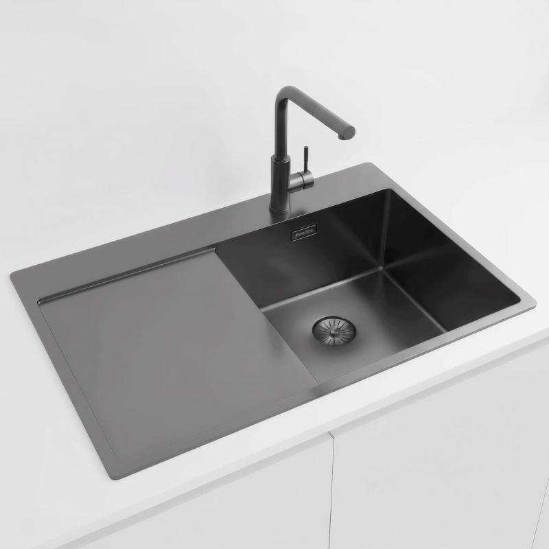 Pure.Sink Exclusivo Gun Metal -pesuallas ja tippuva osa 78x52 cm, Tapwing oikealla PEX4078RT-61