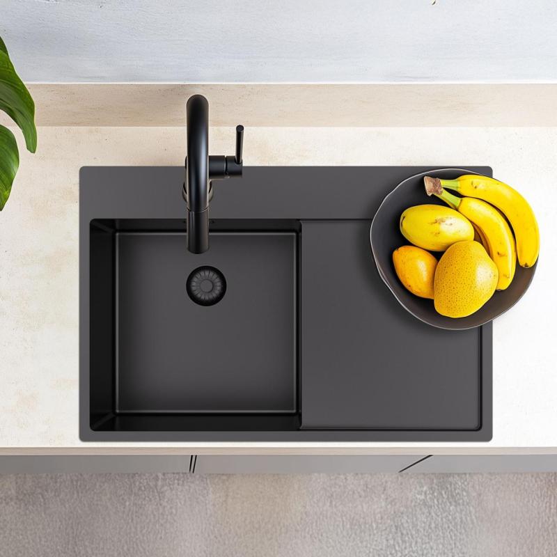 Pure.Sink Exclusivo Gun Metal -pesuallas ja tippuva osa 78x52 cm, Tapwing oikealla PEX4078RT-61