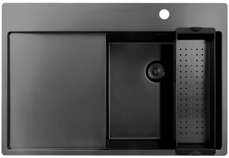 Pure.Sink Exclusivo Gun Metal -pesuallas ja tippuva osa 78x52 cm, Tapwing oikealla PEX4078RT-61