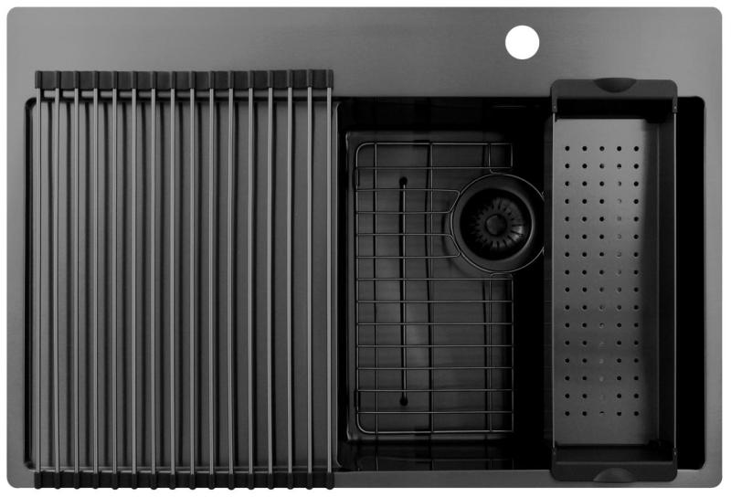 Pure.Sink Exclusivo Gun Metal -pesuallas ja tippuva osa 78x52 cm, Tapwing oikealla PEX4078RT-61