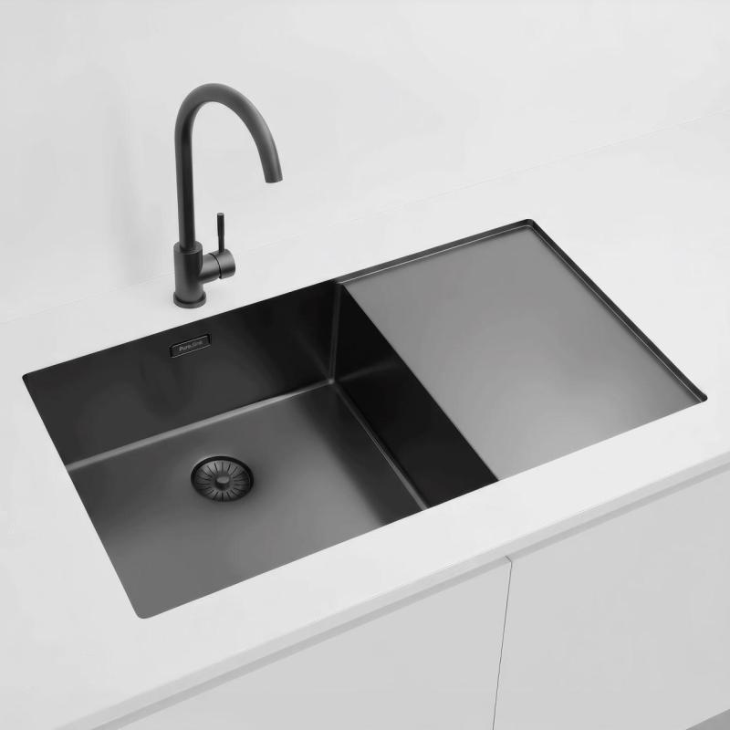 Pure.Sink Exclusivo Gun Metal -allas, jossa tippuva alue 86x52 cm Tapwing vasemmalla PEX5086LT-61