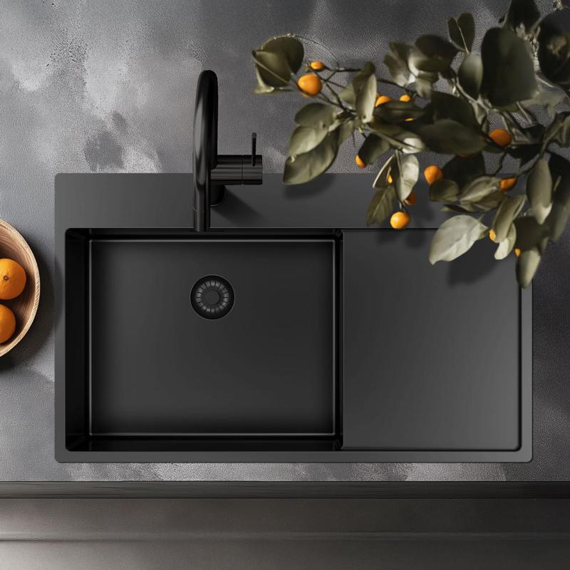 Pure.Sink Exclusivo Gun Metal -allas, jossa tippuva alue 86x52 cm Tapwing vasemmalla PEX5086LT-61