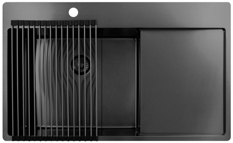 Pure.Sink Exclusivo Gun Metal -allas, jossa tippuva alue 86x52 cm Tapwing vasemmalla PEX5086LT-61