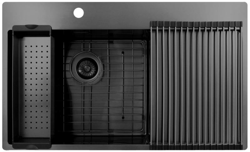 Pure.Sink Exclusivo Gun Metal -allas, jossa tippuva alue 86x52 cm Tapwing vasemmalla PEX5086LT-61