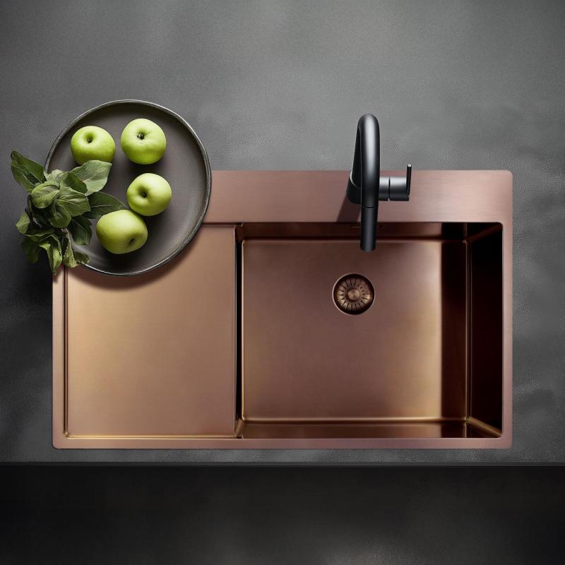 Pure.Sink Exclusivo Kuparinen tiskiallas tippuvalta osalla 86x52 cm Tapwing oikealla PEX5086RT-62