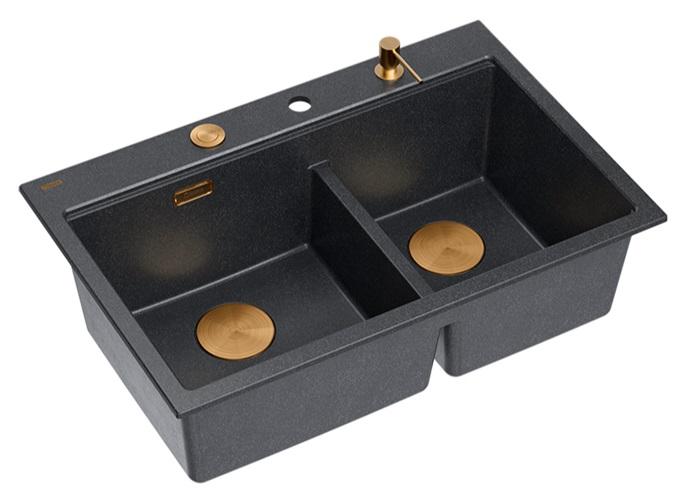 Quadri Hard Rock Kaksinkertainen Antrasiitti Graniitti Päällekkäinen Pesuallas 76x50 cm kuparisella tulppalla ja tarvikkeilla 1208971388 - Productafbeelding 2