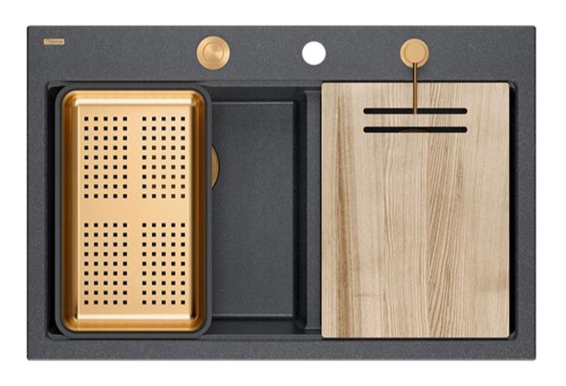 Quadri Hard Rock Kaksinkertainen Antrasiitti Graniitti Päällekkäinen Pesuallas 76x50 cm kuparisella tulppalla ja tarvikkeilla 1208971388