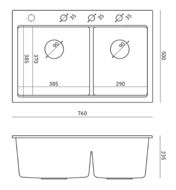 Quadri Hard Rock Kaksinkertainen Antrasiitti Graniitti Päällekkäinen Pesuallas 76x50 cm kuparisella tulppalla ja tarvikkeilla 1208971388