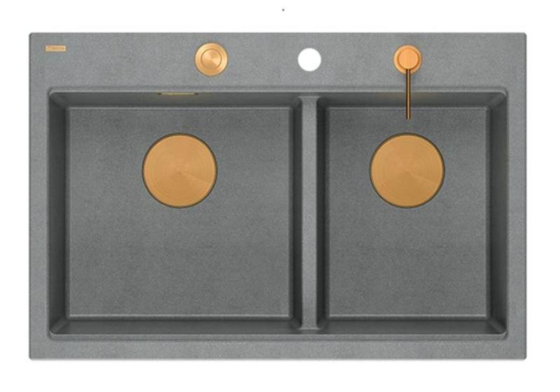 Quadri Hard Rock kaksinkertainen harmaa graniittiallas 76x50 cm, kuparitulppa ja lisävarusteet 1208971389