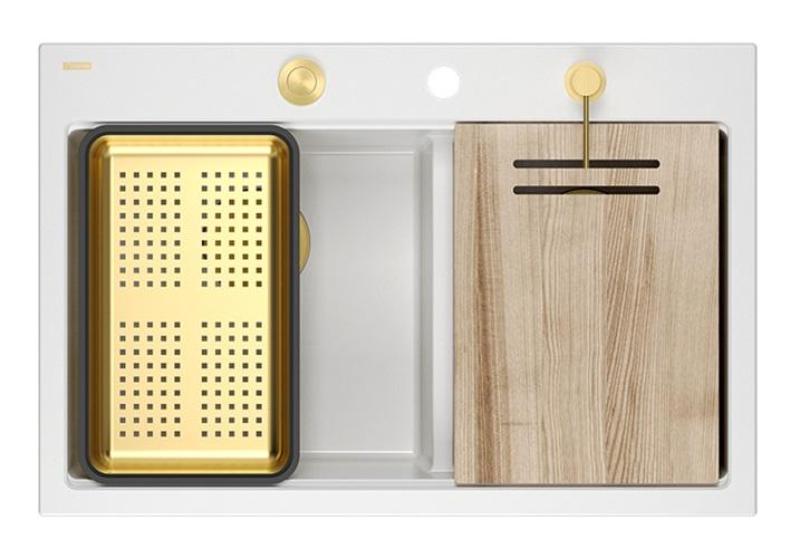 Quadri Hard Rock Double White Granite -päälle asennettava tiskiallas 76x50 cm, kultainen tulppa ja tarvikkeet 1208971392