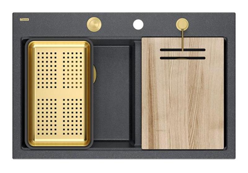 Quadri Hard Rock Tupla Antrasiitti Graniitti Päälle asennettava Allas 76x50 cm kultaisella tulppa ja tarvikkeet 1208971393