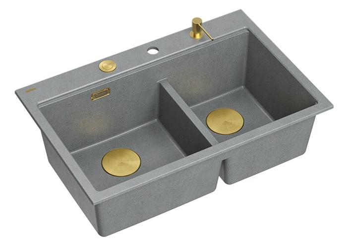 Quadri Hard Rock Kaksinkertainen Harmaa Graniitti Päällekkäinen Pesuallas 76x50 cm Kultaisella Tulppa ja Lisävarusteet 1208971394 - Productafbeelding 2