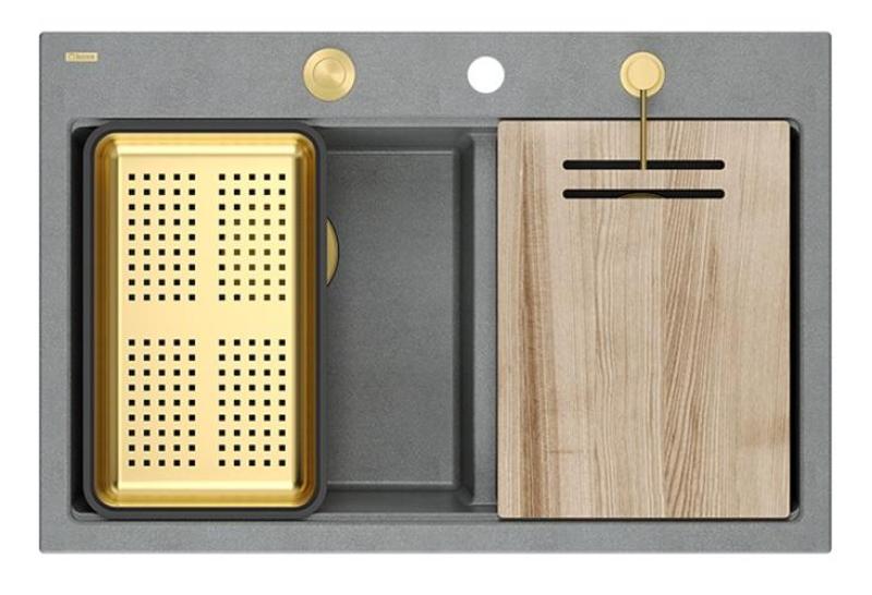 Quadri Hard Rock Kaksinkertainen Harmaa Graniitti Päällekkäinen Pesuallas 76x50 cm Kultaisella Tulppa ja Lisävarusteet 1208971394