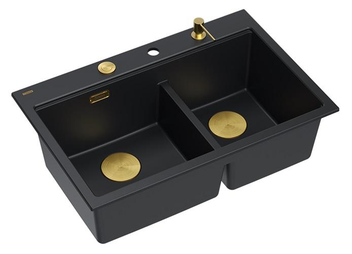 Quadri Hard Rock Kaksinkertainen Musta Graniitti Päällekkäinen Pesuallas 76x50 cm Kultaisella Tulppa ja Tarvikkeet 1208971395 - Productafbeelding 2