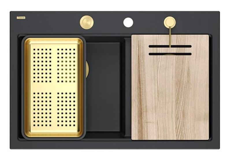 Quadri Hard Rock Kaksinkertainen Musta Graniitti Päällekkäinen Pesuallas 76x50 cm Kultaisella Tulppa ja Tarvikkeet 1208971395