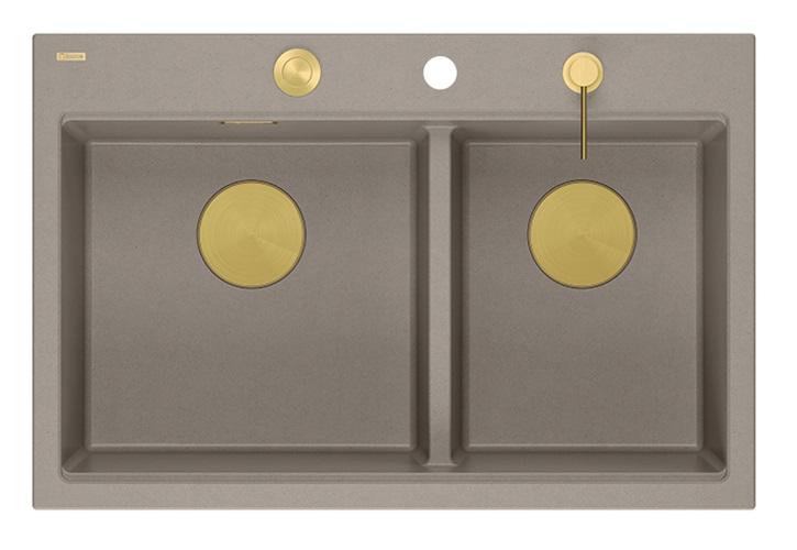 Quadri Hard Rock Tupla Taupe Graniitti Päälle asennettava Allas 76x50 cm kultaisella tulppalla ja lisävarusteilla 1208971396 - Productafbeelding
