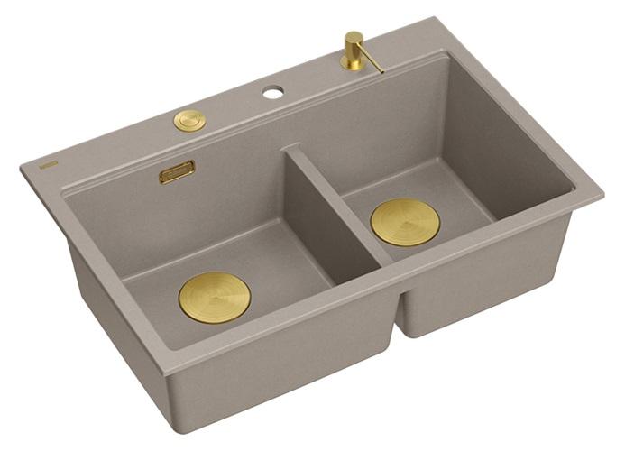 Quadri Hard Rock Tupla Taupe Graniitti Päälle asennettava Allas 76x50 cm kultaisella tulppalla ja lisävarusteilla 1208971396 - Productafbeelding 2