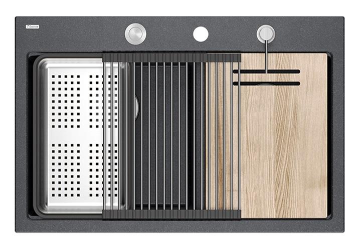 Quadri Hard Rock Double Antrasiitti Graniitti Päälleasennettava Pesuallas 76x50 cm RST tulppa ja lisävarusteet 1208971399 - Productafbeelding 3