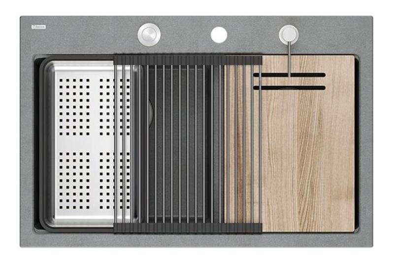 Quadri Hard Rock Kaksoisharmaa Graniitti Päällekkäinen Pesuallas 76x50 cm RST tulppa ja tarvikkeet 1208971400