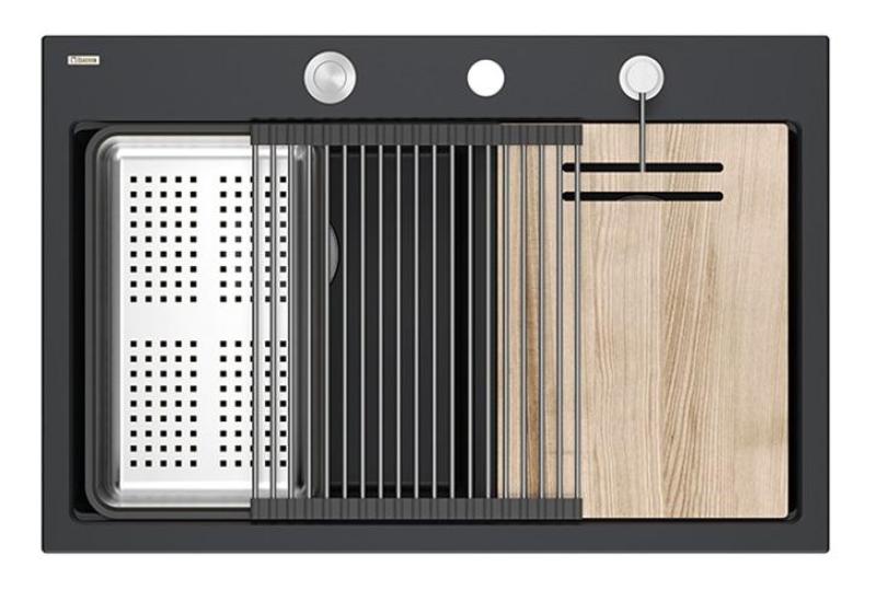 Quadri Hard Rock Kaksinkertainen Musta Graniitti Päällekkäinen Pesuallas 76x50 cm RST-tulpalla ja lisävarusteilla 1208971401