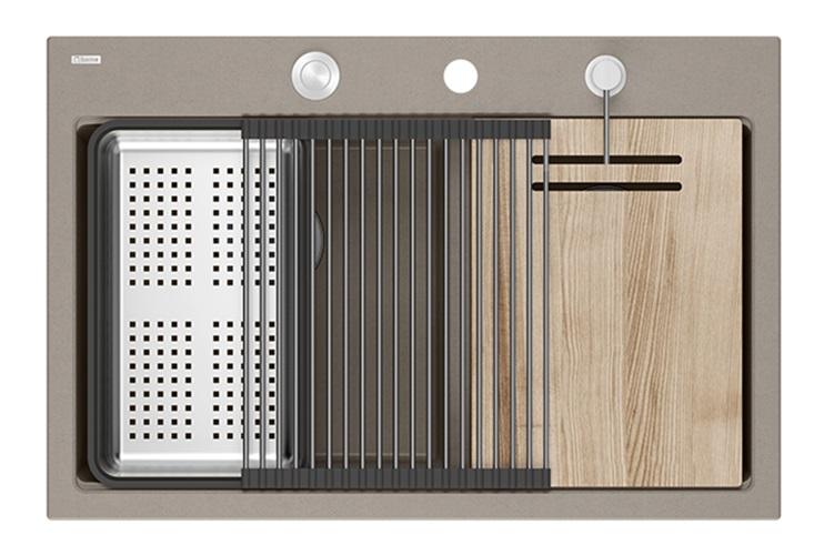 Quadri Hard Rock Tupla Taupe Graniitti Päälle asennettava Allas 76x50 cm, ruostumaton teräs tulpalla ja lisävarusteet 1208971402 - Productafbeelding 3
