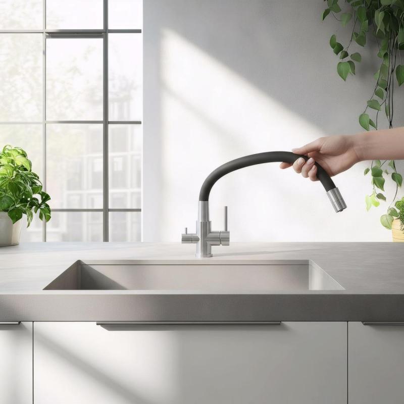 Quadri Selene Kitchen Mixer Tap Stainless Steel 3-way with flexible spout and extra connection for filtered water 1208971407