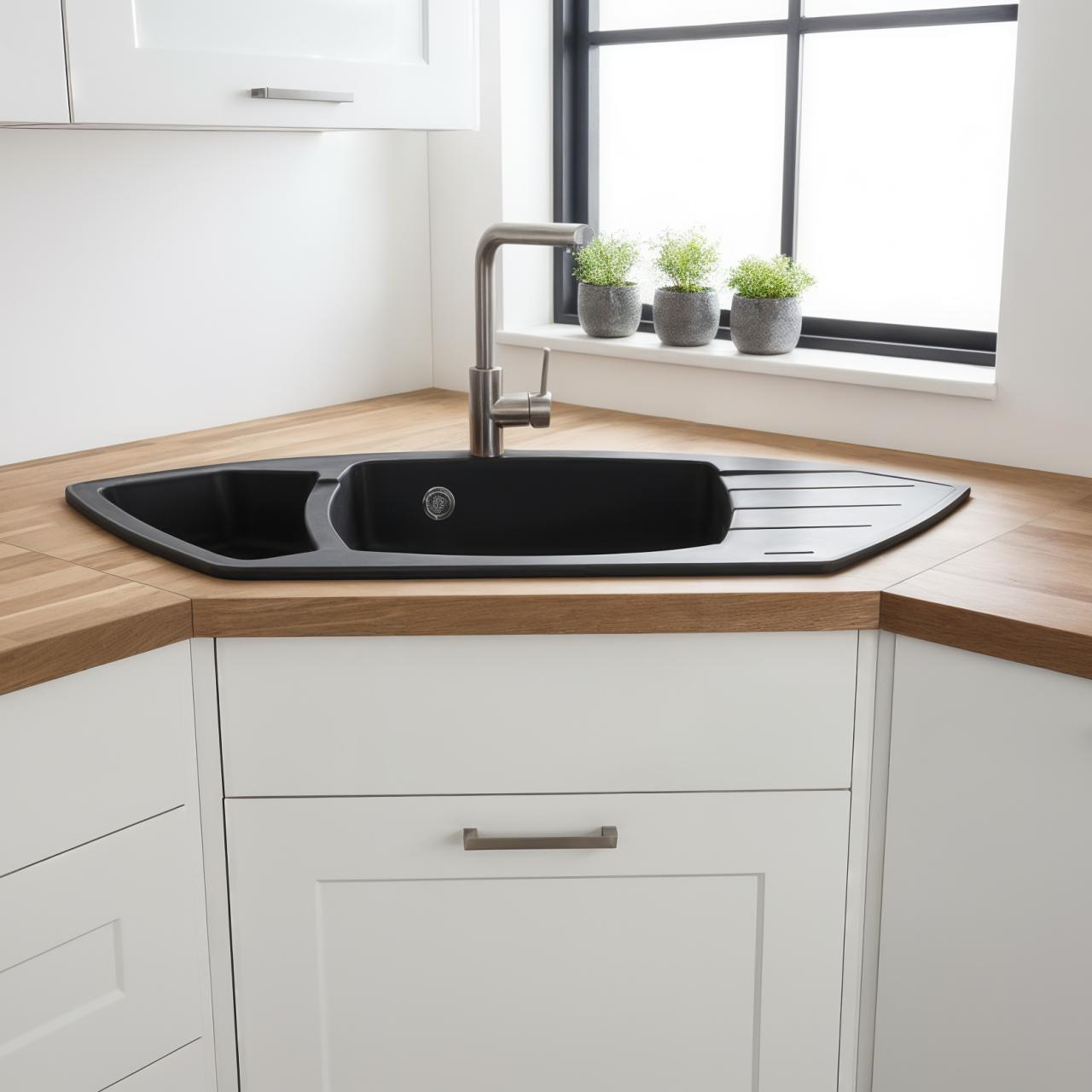 Graniteland Monte Graniittinen musta kulma-allas päälle asennettava 901x538mm teräksisellä pistokkeella 1208971413 - Productafbeelding 2