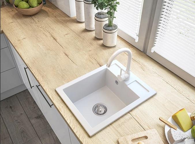 Graniteland Prest Graniittinen valkoinen pesuallas Tapwing hanareiällä, päälle asennettava 400x500mm RVS-tulpalla 1208971424 - Productafbeelding