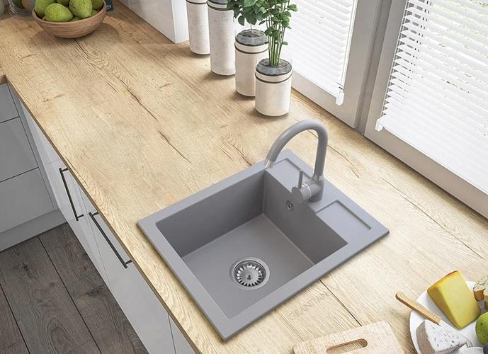 Graniteland Prest graniittinen harmaa pesuallas Tapwing hanareiällä, päälle asennettava 400x500mm RVS-tulpalla 1208971425 - Productafbeelding