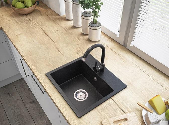 Graniteland Nera Graniittiallas 45x42 cm Arduin kivilaji ulkonäkö Päälle asennettava hanareiällä ja ruostumattomalla terästulppalla 1208971432 - Productafbeelding