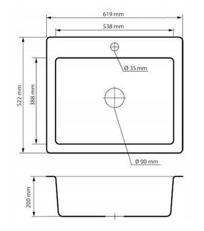 Graniteland Vastone Graniittiallas 619x522 mm Musta Päälle Rakennettu Hanareiällä ja RST Tulppa 1208971443