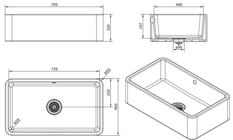Ausmann Ceramic Mira Keramiikka Valkoinen Pesuallas - Alakaapin ja Välipohjan 795 x 460 mm Kultaisella tulppalla 1208971466