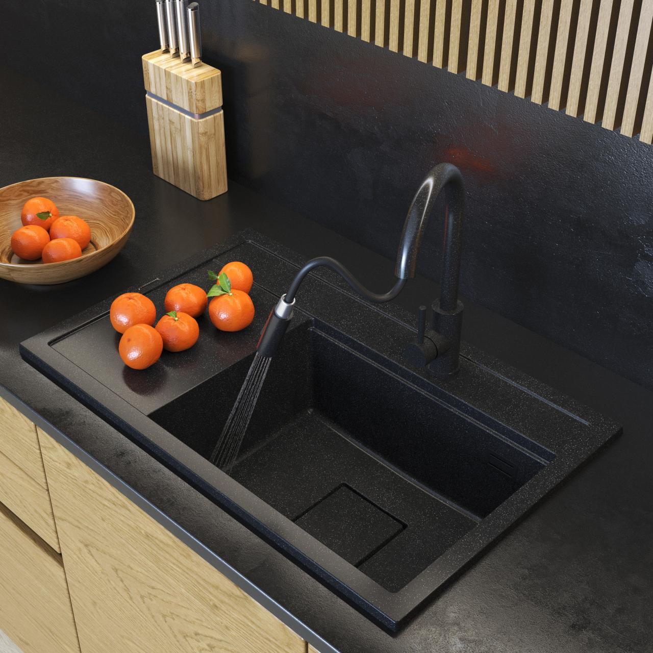 Graniteland Seta Graniitti musta arduin Kova kivi Päälle asennettava pesuallas 80x50 cm 1208971619 - Productafbeelding 2