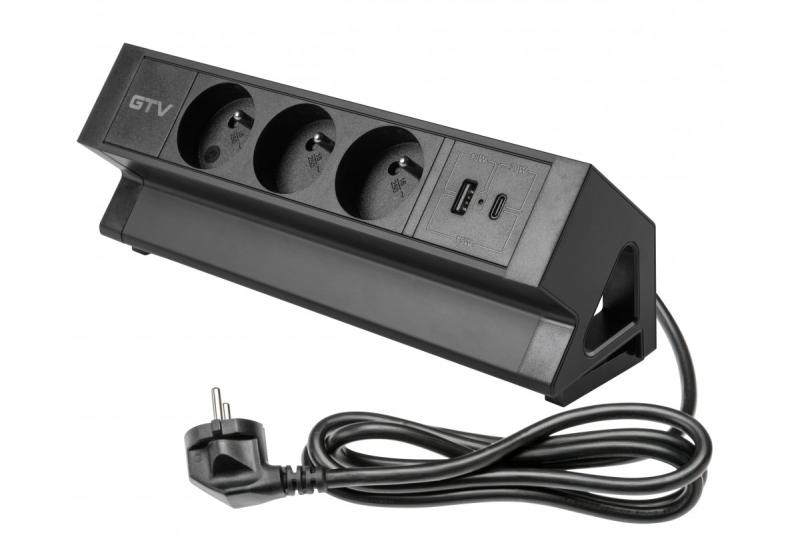 Basco huonekalupistorasia, 3 x maadoitettu pistorasia, USB A+C, 1,5 m kaapeli, musta, asennettavissa