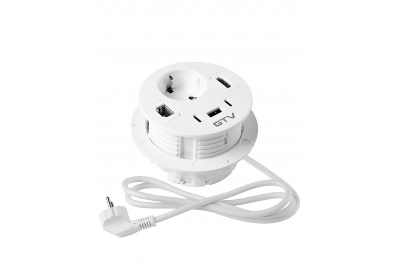 Huonekalu pistorasia RONDO, 1xSCHUKO, 1xUSB-A, 2xUSB-C, HDMI, RJ45 kaapeli 1,5 m, valkoinen