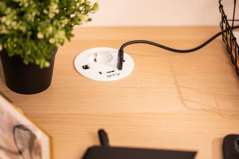 Huonekalu pistorasia RONDO, 1xSCHUKO, 1xUSB-A, 2xUSB-C, HDMI, RJ45 kaapeli 1,5 m, valkoinen