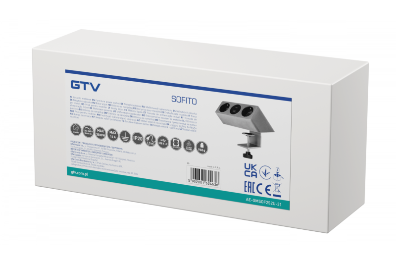 Huonekalupistorasia SOFITO, 2xSCHUKO, USB A+C, kaapeli 1,5 m, harmaa flokki