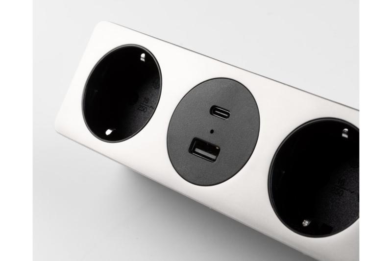 Huonekalupistorasia SOFITO, 2xSCHUKO, USB A+C, kaapeli 1,5 m, ruostumaton teräs