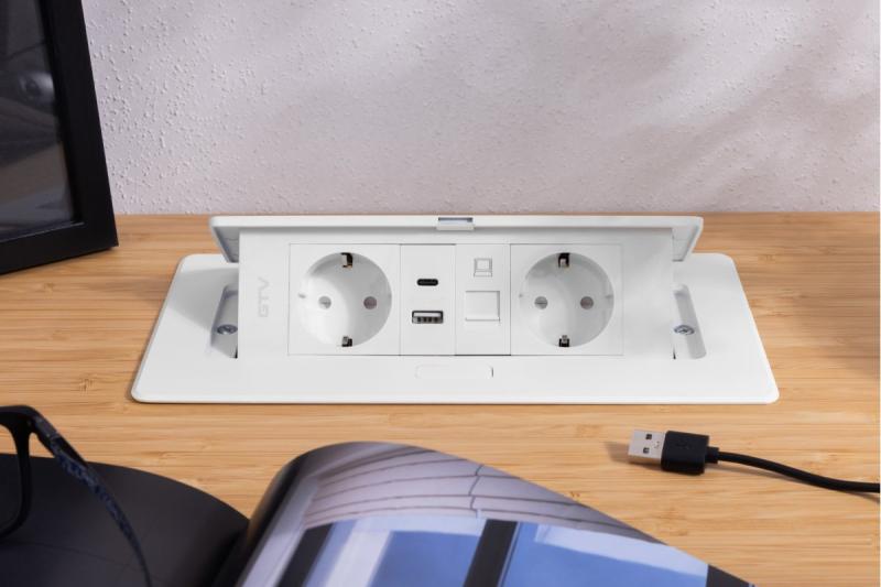 Huonekalupistorasia MULTISOFT, 2xSHUKO, USB A+C, RJ45, kaapeli 1,5 m, valkoinen