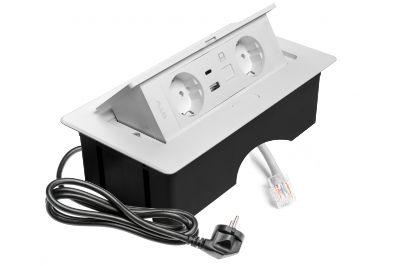 Huonekalupistorasia MULTISOFT, 2xSHUKO, USB A+C, RJ45, kaapeli 1,5 m, valkoinen