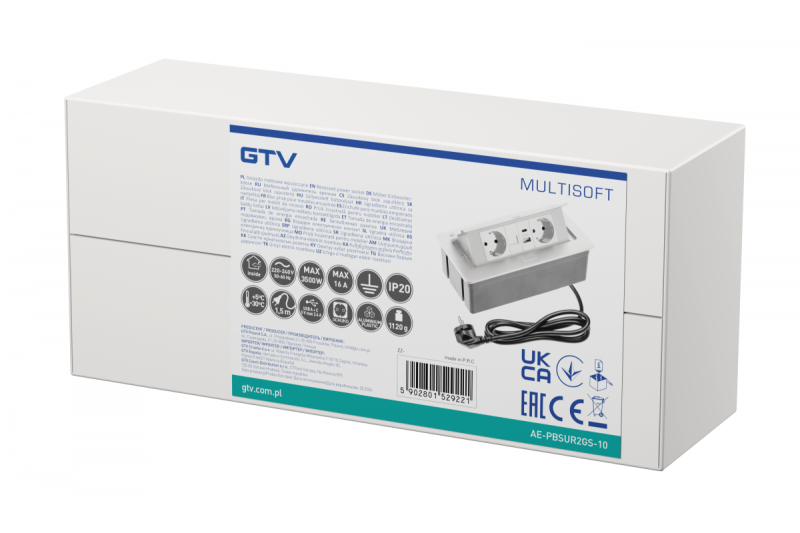 Huonekalupistorasia MULTISOFT, 2xSHUKO, USB A+C, RJ45, kaapeli 1,5 m, valkoinen