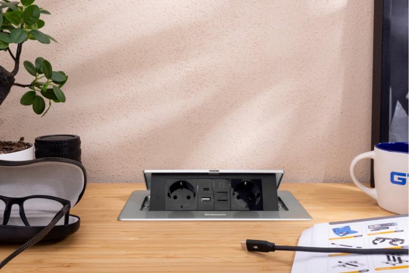 Huonekalupistorasia MULTISOFT, 2xSCHUKO, USB A+C, RJ45, kaapeli 1,5 m, alumiini