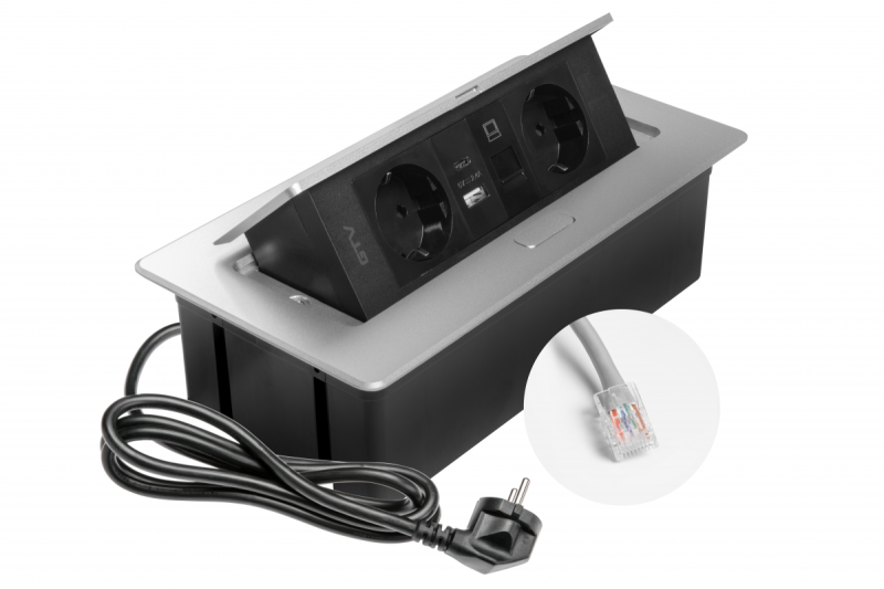 Huonekalupistorasia MULTISOFT, 2xSCHUKO, USB A+C, RJ45, kaapeli 1,5 m, alumiini